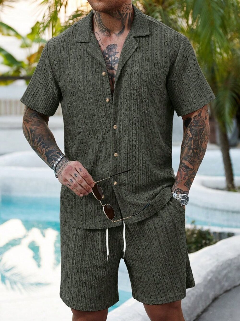 Army Green Button-Down Men's Shirt and Shorts Set
